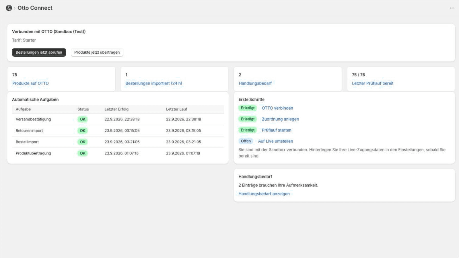 Übersicht von Otto Connect in Shopify: verbunden mit OTTO Market, Kennzahlen, automatische Aufgaben und die Checkliste für den Start