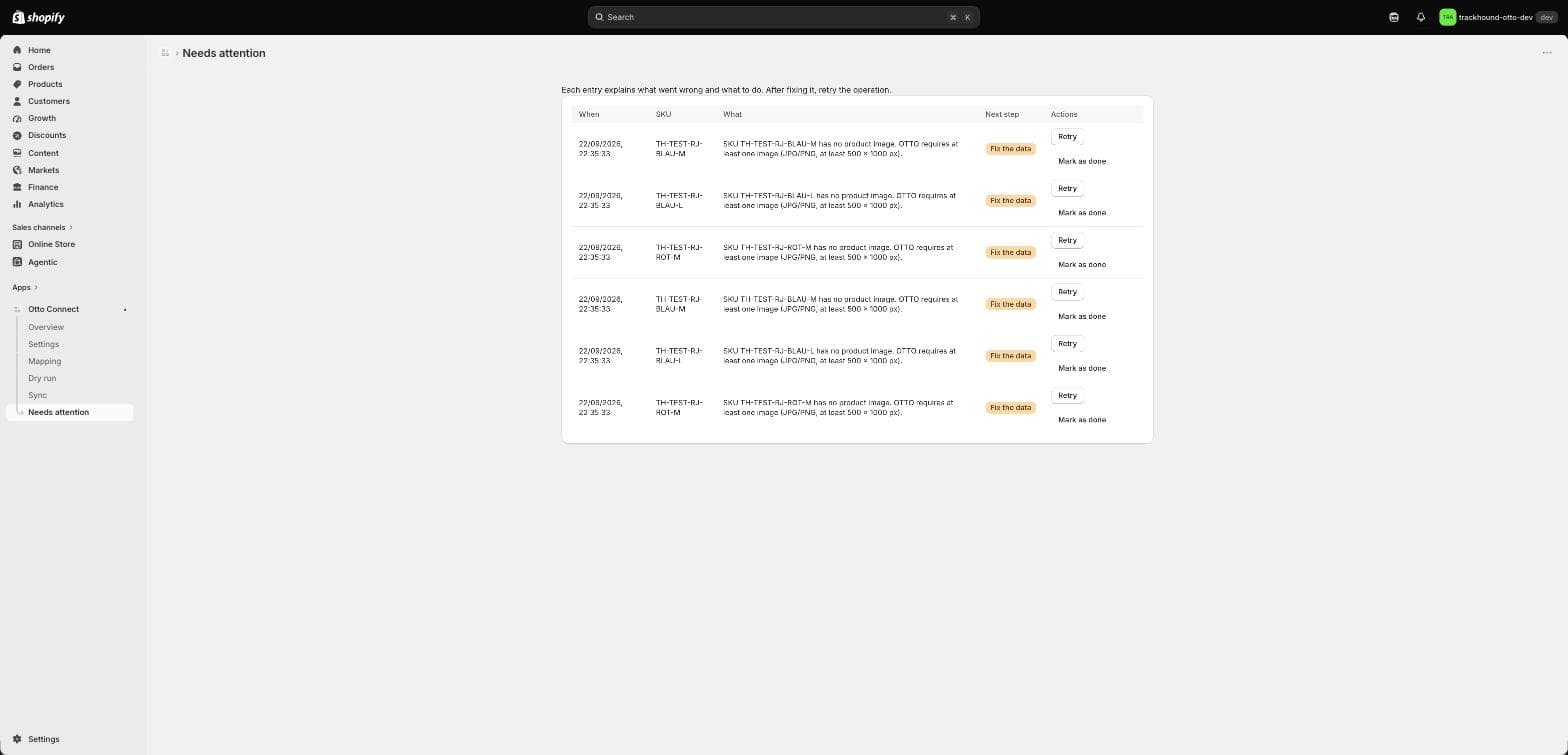 The Needs attention page listing SKUs with a missing image and the next step