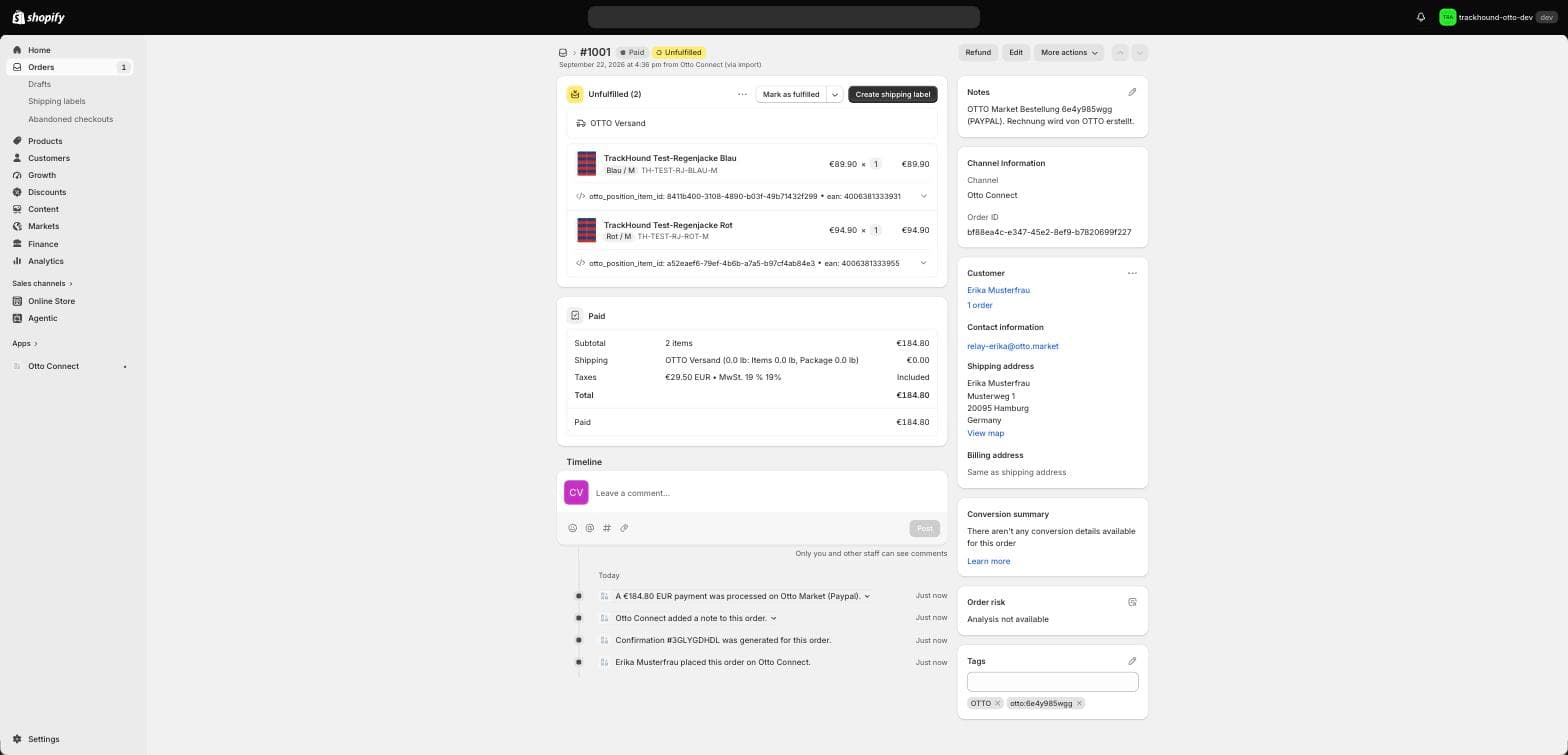 A Shopify order created from an OTTO Market order, with OTTO position ids, VAT and tags